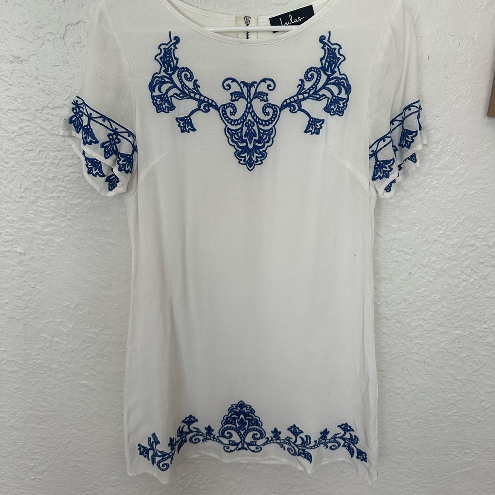 LULUS Tale to Tell Blue and Ivory Embroidered Shift Dress - Picture 5 of 5